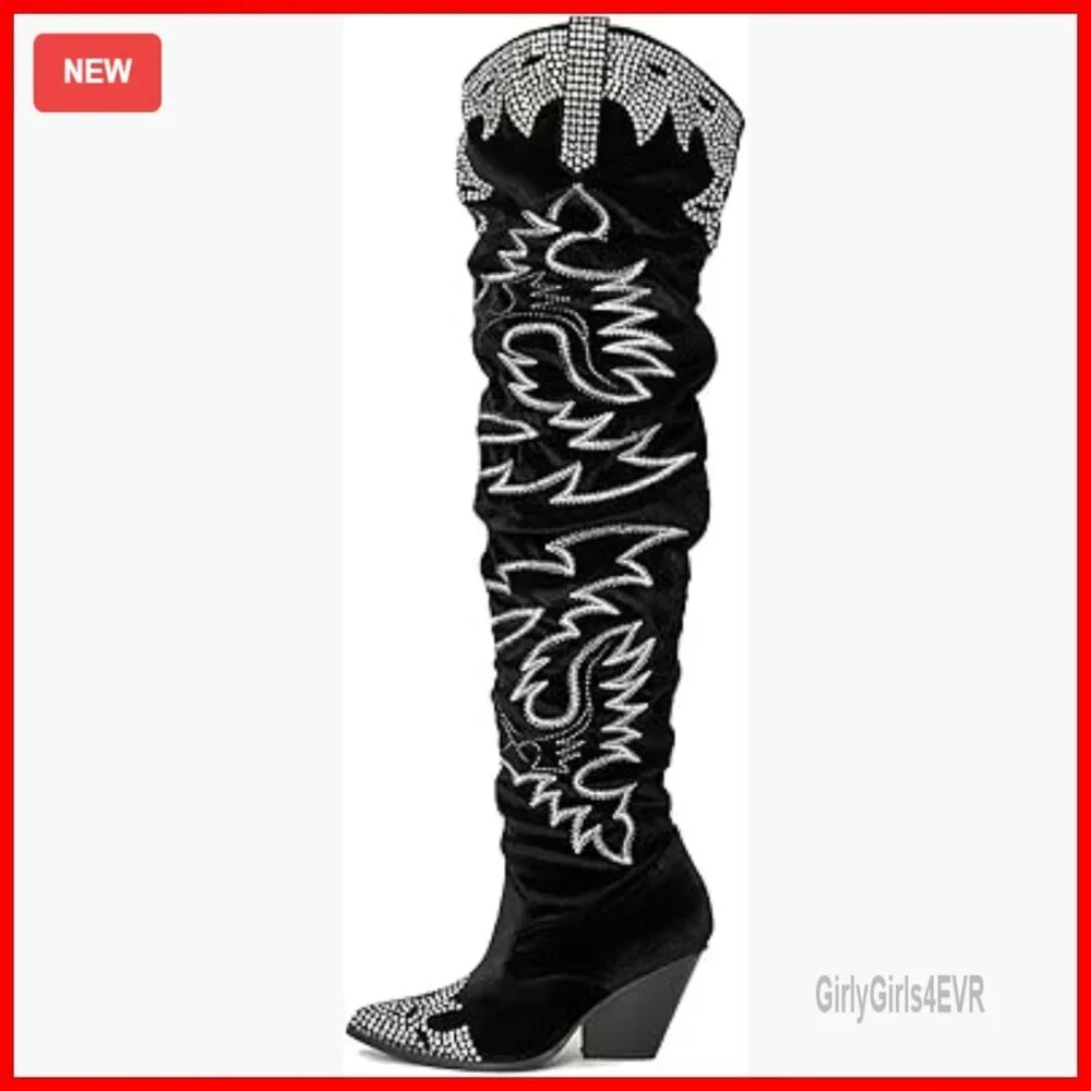 Rhinestone Embroidered Thigh High Cowboy Boots Wide Calf 3 Inch Heel